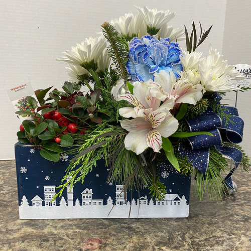 Blue Merry Crate-mas from Casey's Garden Shop & Florist, Bloomington Flower Shop
